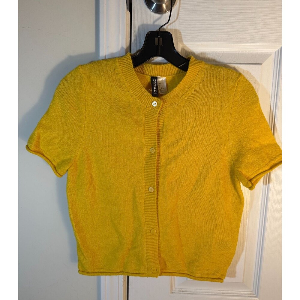 H&M Divided Women's Small Mustard Yellow Cropped Cardigan Short Slv Knit Sweater